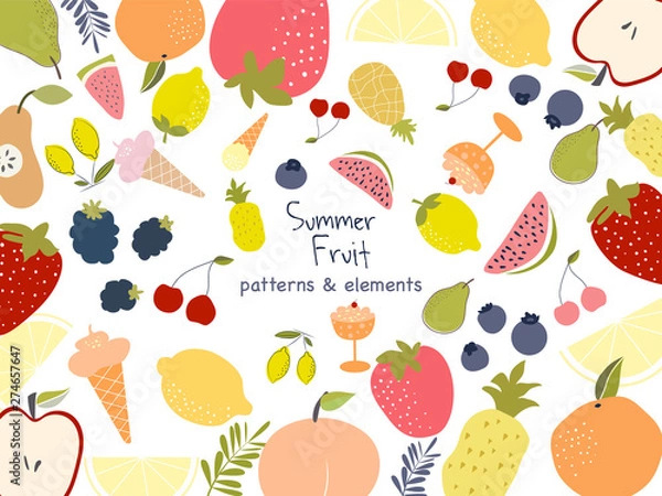Obraz Vector summer color cocktails. Summer fruit banner palm leaves birds vector image.