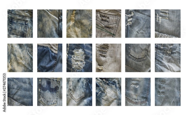 Fototapeta Different denim fabric samples isolated on white background.  Close-up collection of jeans textures.
