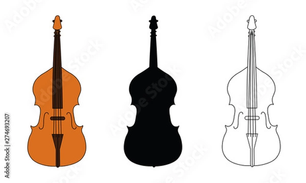 Obraz Line drawing, black silhouette, and color illustration of double bass outline classical contour wind musical instrument isolated on a white background. For student education, illustration for dictiona