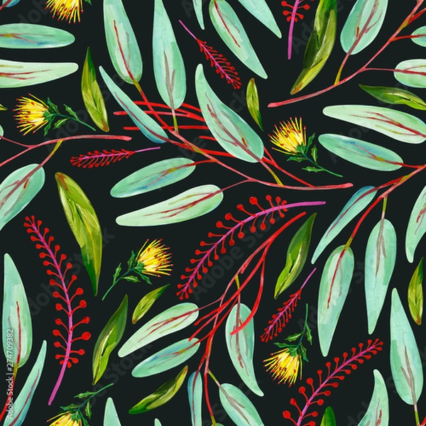 Fototapeta Gouache seamless pattern with green leaves, red floral branches and yellow flower on a dark background
