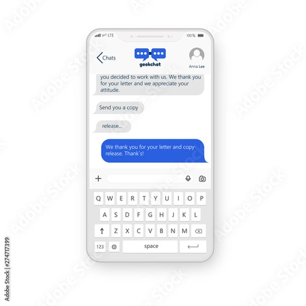 Fototapeta Mobile ui design application with white chat interface to communicate on a realistic mockup phone. Vector illustration concept