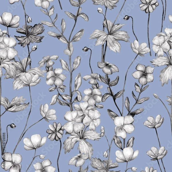 Fototapeta Seamless pattern of monochrome pencil botanical sketches of wild flowers. Hand-drawn geranium, petunia and anemone on blue background. Vintage style.