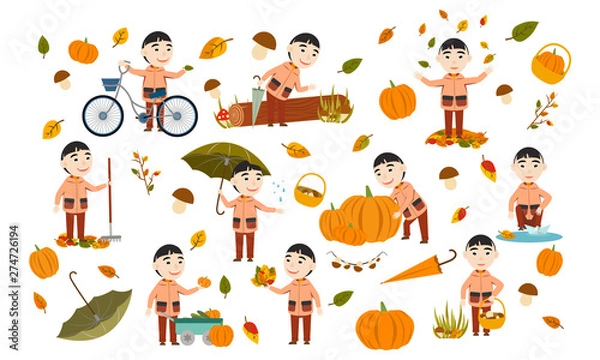Obraz Set Asian boy in an autumn jacket plays with leaves, launches a paper boat, rides a bicycle, carries pumpkins and has fun in the fall. Cute Vector Illustration