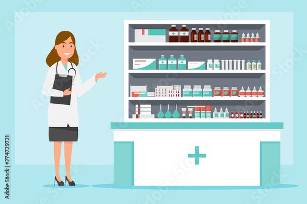 Obraz pharmacy with pharmacist and client in counter