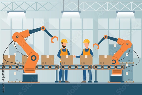 Fototapeta smart industrial factory in a flat style with workers, robots and assembly line packing