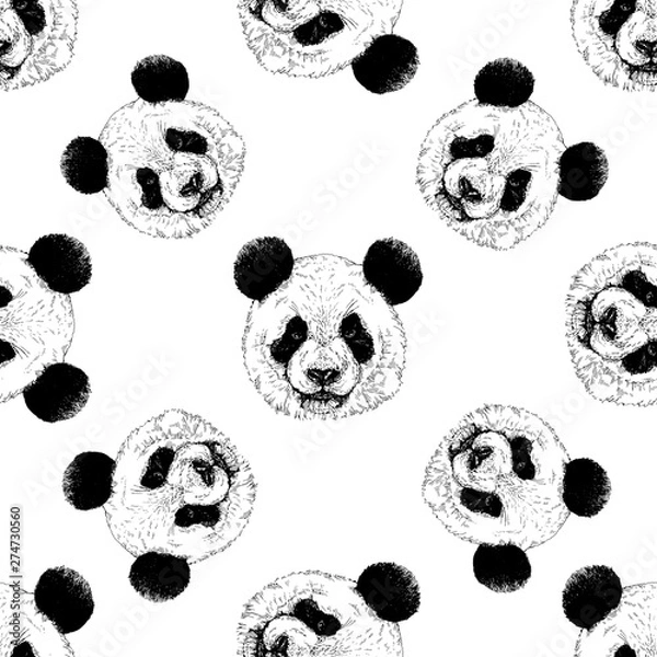 Fototapeta Seamless pattern of hand drawn sketch style portraits of giant panda isolated on white background. Vector illustration.