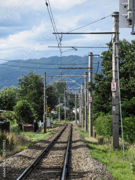 Obraz 単線の線路と夏の山並み