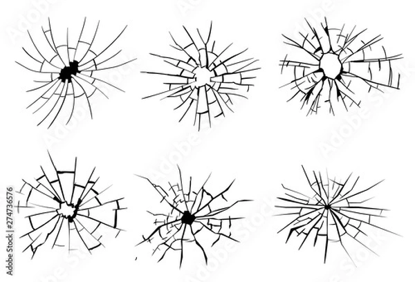 Fototapeta Broken glass, cracks, bullet marks on glass. High resolution. Vector illustration. Texture glass with black hole on white background