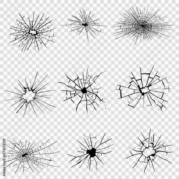 Fototapeta Broken glass, cracks, bullet marks on glass. High resolution. Vector illustration. Texture glass with black hole on white background