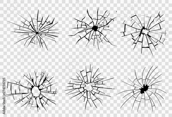 Fototapeta Broken glass, cracks, bullet marks on glass. High resolution. Vector illustration. Texture glass with black hole on white background