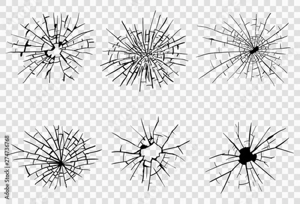 Fototapeta Broken glass, cracks, bullet marks on glass. High resolution. Vector illustration. Texture glass with black hole on white background