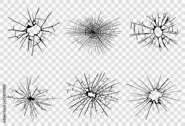 Fototapeta Broken glass, cracks, bullet marks on glass. High resolution. Vector illustration. Texture glass with black hole on white background