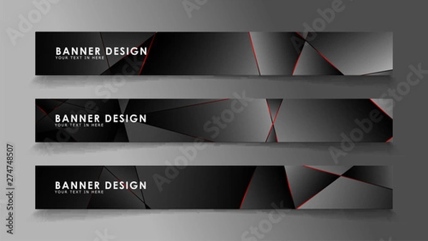 Fototapeta Square banner vector collection . Black premium background with luxury dark polygonal pattern and red triangle lines