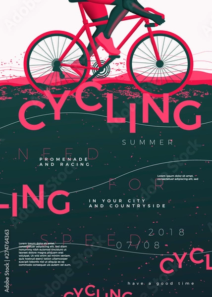Fototapeta Vector typographic cycling poster template, with bycicle, grunge textures, and place for your texts.
