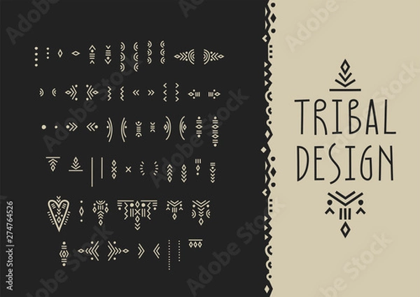 Fototapeta Vector set of line art symbols for logo design and lettering in boho style