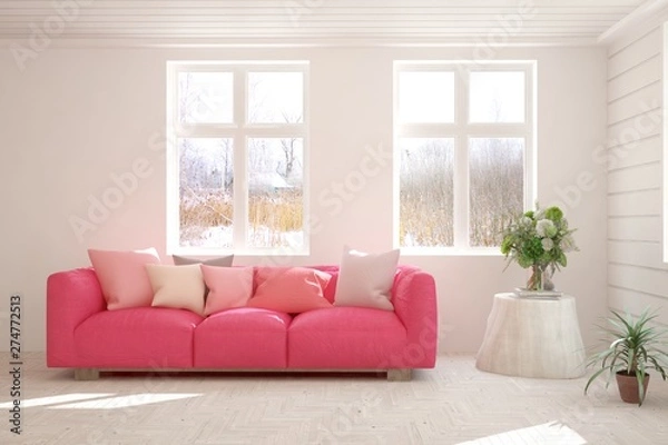 Fototapeta Stylish room in white color with sofa and winter landscape in window. Scandinavian interior design. 3D illustration