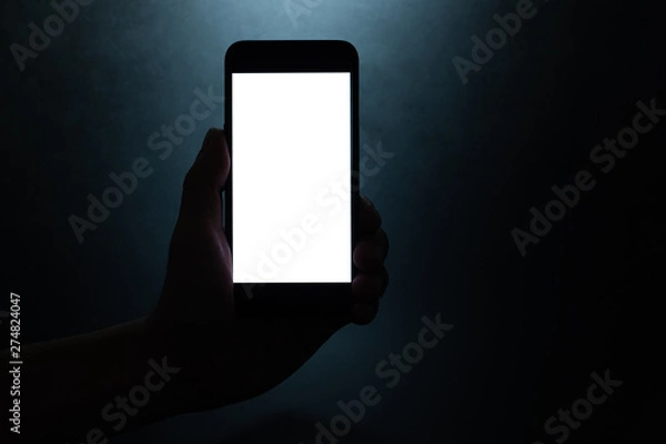 Obraz silhouette hand holding a mobile phone with blank wihte screen in the dark darkness against dark blue background