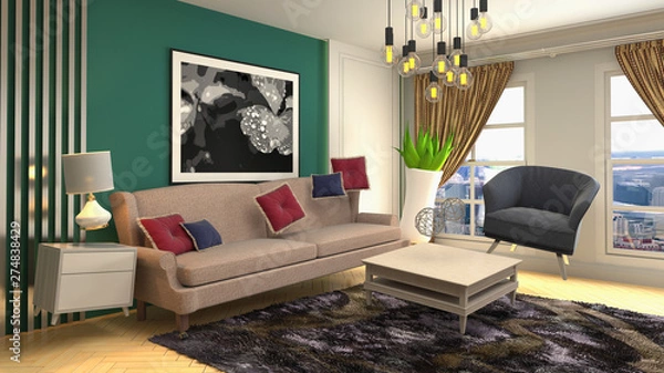 Fototapeta Zero Gravity Sofa hovering in living room. 3D Illustration