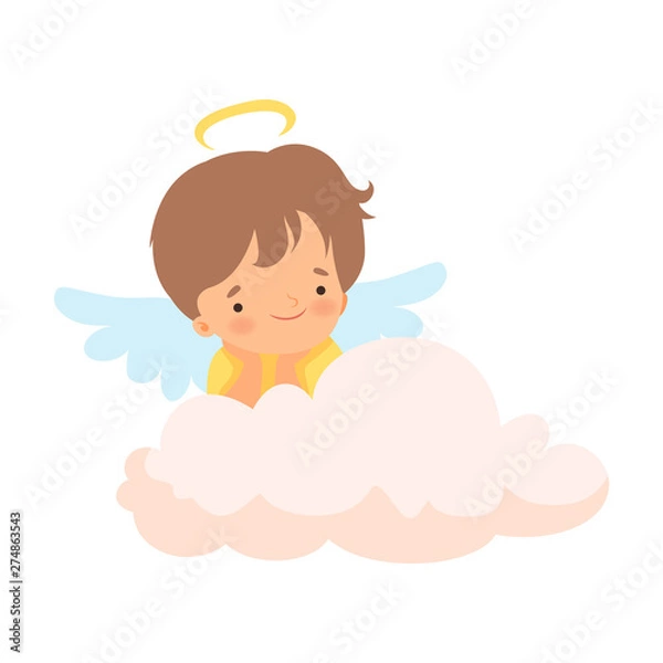 Fototapeta Cute Boy Angel with Nimbus and Wings Sitting on Cloud, Lovely Baby Cartoon Character in Cupid or Cherub Costume Vector Illustration