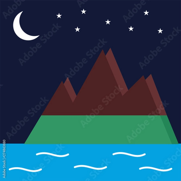 Fototapeta Night sky. With mountains in the background flat icon. vector illustration logo. isolated on white background