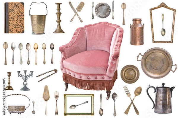 Obraz Set of beautiful antique items, picture frames, furniture, silverware. Retro. Vintage. Isolated on white background
