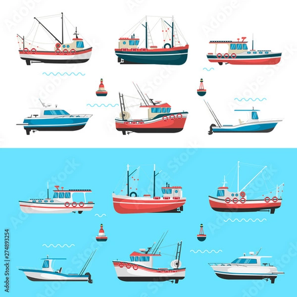 Fototapeta Fishing boats side view and buoys with blue sea background and isolated on white. Side view illustration.