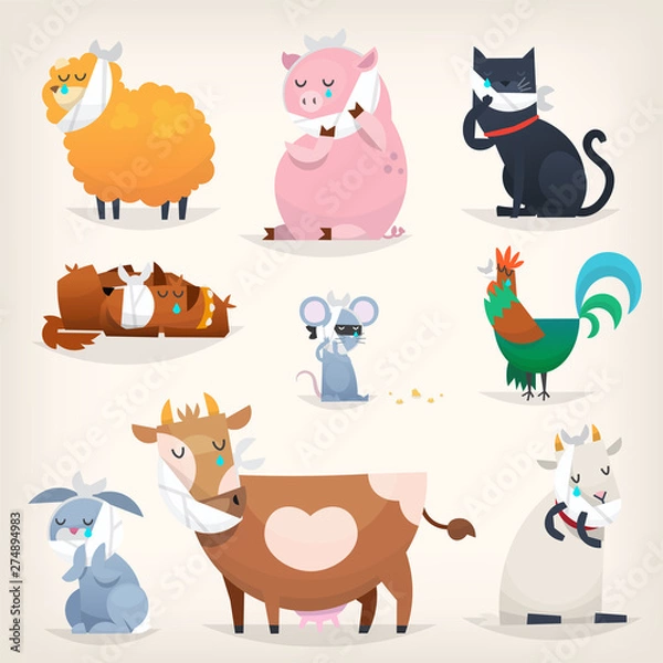 Obraz Set of popular colorful vector farm animals and birds with ill teeth. Posters for the dentists clinic