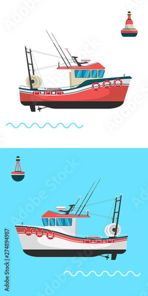Fototapeta Fishing boat side view and buoys with blue sea background and isolated on white. Side view illustration.