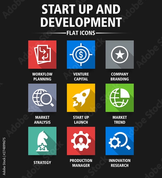 Fototapeta START UP AND DEVELOPMENT FLAT ICONS
