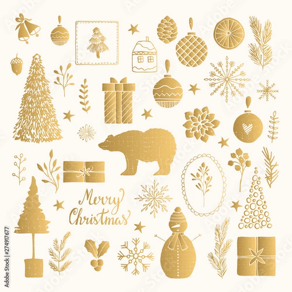 Fototapeta Set of golden Christmas illustrations. Vector sticker design. Holiday fancy elements. Isolated illustration.