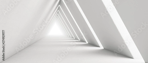 Fototapeta Empty Long Light Corridor. Modern white background. Futuristic Sci-Fi Triangle Tunnel. 3D Rendering