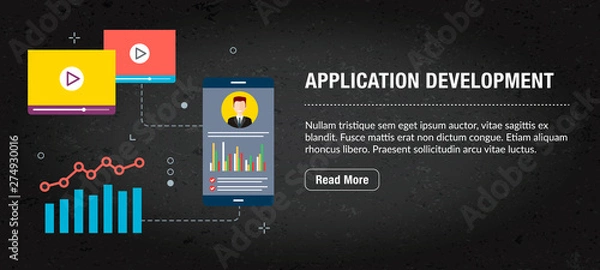 Fototapeta Application development, banner internet with icons in vector.
