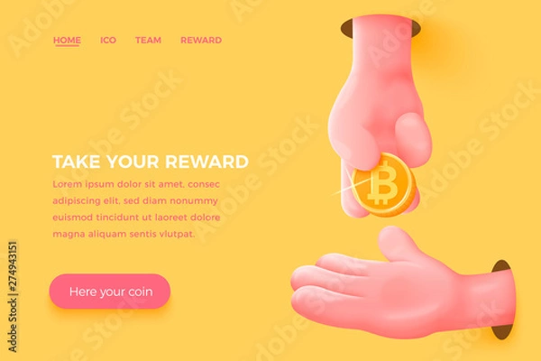 Obraz Vector site banner concept - cartoon 3d realistic hand give golden bitcoin to other, with place for your text and button. Cryptocurrency landing template.