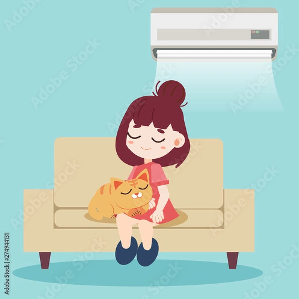 Obraz A girl and cute cat sitting together on the modern sofa and have air conditioner on the wall. They napping look so relax. Home pet on chair in flat vector style