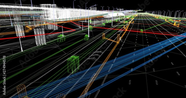 Fototapeta The BIM model of the object of transport infrastructure of wireframe view