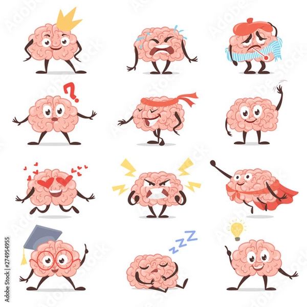 Fototapeta Brain emotions cartoon set, education and knowledge symbol