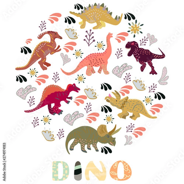 Fototapeta Circle shape with dinosaurs and hand lettering dino