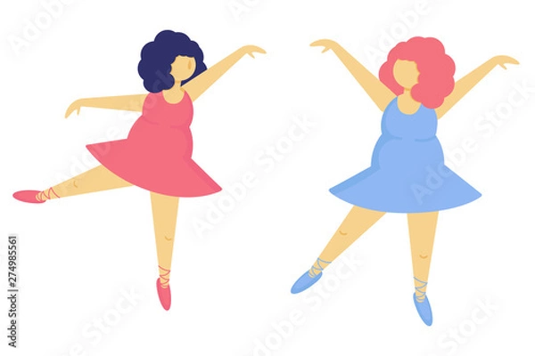 Fototapeta Fat girls dancing. Young women in dress dancing. Body positive.