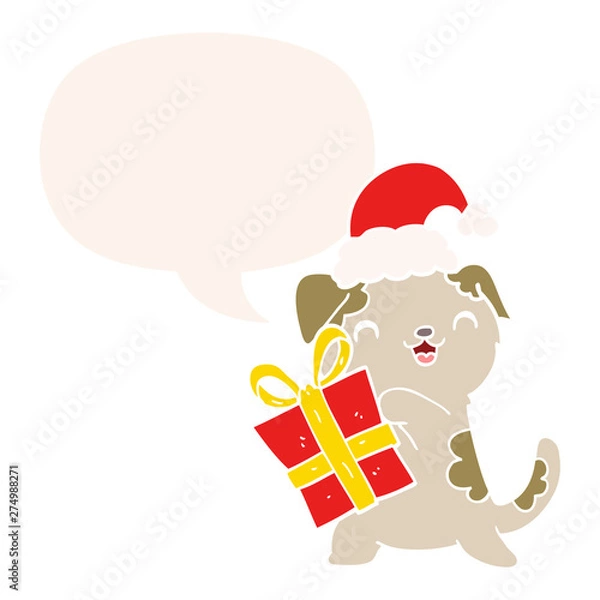 Obraz cute cartoon puppy and christmas present and hat and speech bubble in retro style