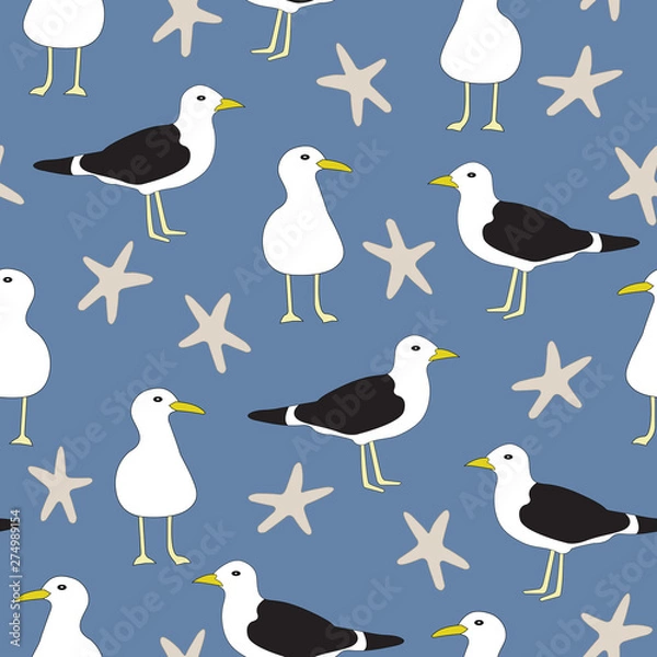 Fototapeta Seamless repeat vector pattern featuring seagulls and starfish