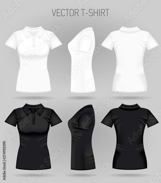 Fototapeta Blank women's white and black short sleeve polo shirt in front, back and side views. Vector illustration. Realistic female t-shirts