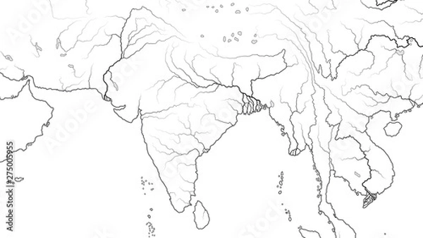 Fototapeta World Map of SOUTH ASIA REGION and INDIA SUBCONTINENT: Pakistan, India, Himalayas, Tibet, Bengal, Ceylon, Indian Ocean And Hindustan Subcontinent. Geographic chart with oceanic coastline and rivers.