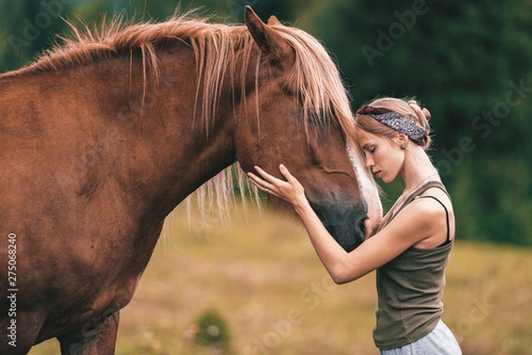Obraz Young beautiful girl hugging horse at nature. Horse lover.