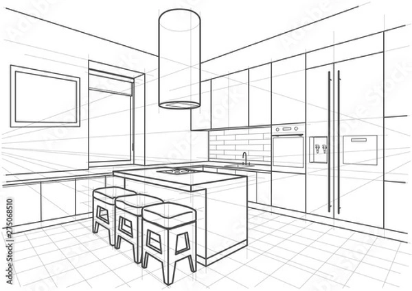 Fototapeta Abstract linear architectural sketch interior modern kitchen with island