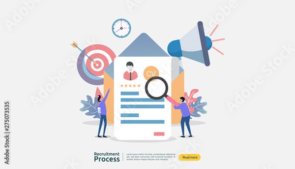 Fototapeta Job hiring, online recruitment concept with people character. agency interview. select resume process. template for web landing page, banner, presentation, social media. Vector illustration