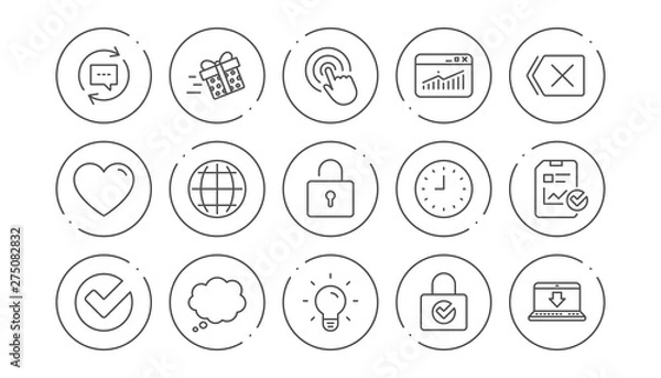 Obraz Report, Time and Globe line icons. Statistics, Light bulb and Gift surprise box. Linear icon set. Line buttons with icon. Editable stroke. Vector