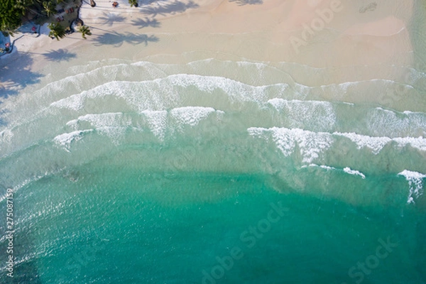 Obraz Aerial top view of ocean waves, beach and rocky coastline and beautiful forest. Beautiful nature background.
