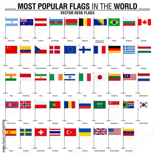 Fototapeta Collection of flat desk flags, most popular world flags
