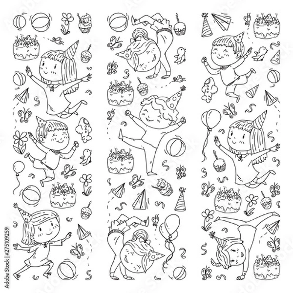 Fototapeta Vector illustration in cartoon style, active company of playful preschool kids jumping, at a party, birthday. Monochrome style in black and white color.