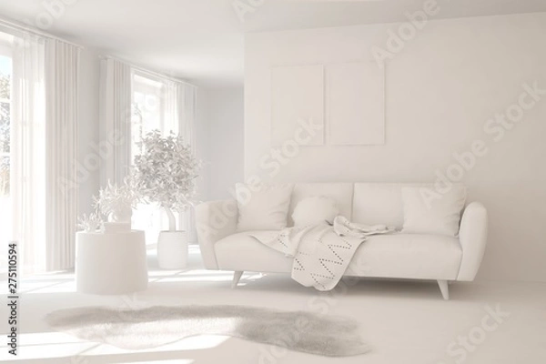 Fototapeta Mock up of stylish room in white color with sofa. Scandinavian interior design. 3D illustration